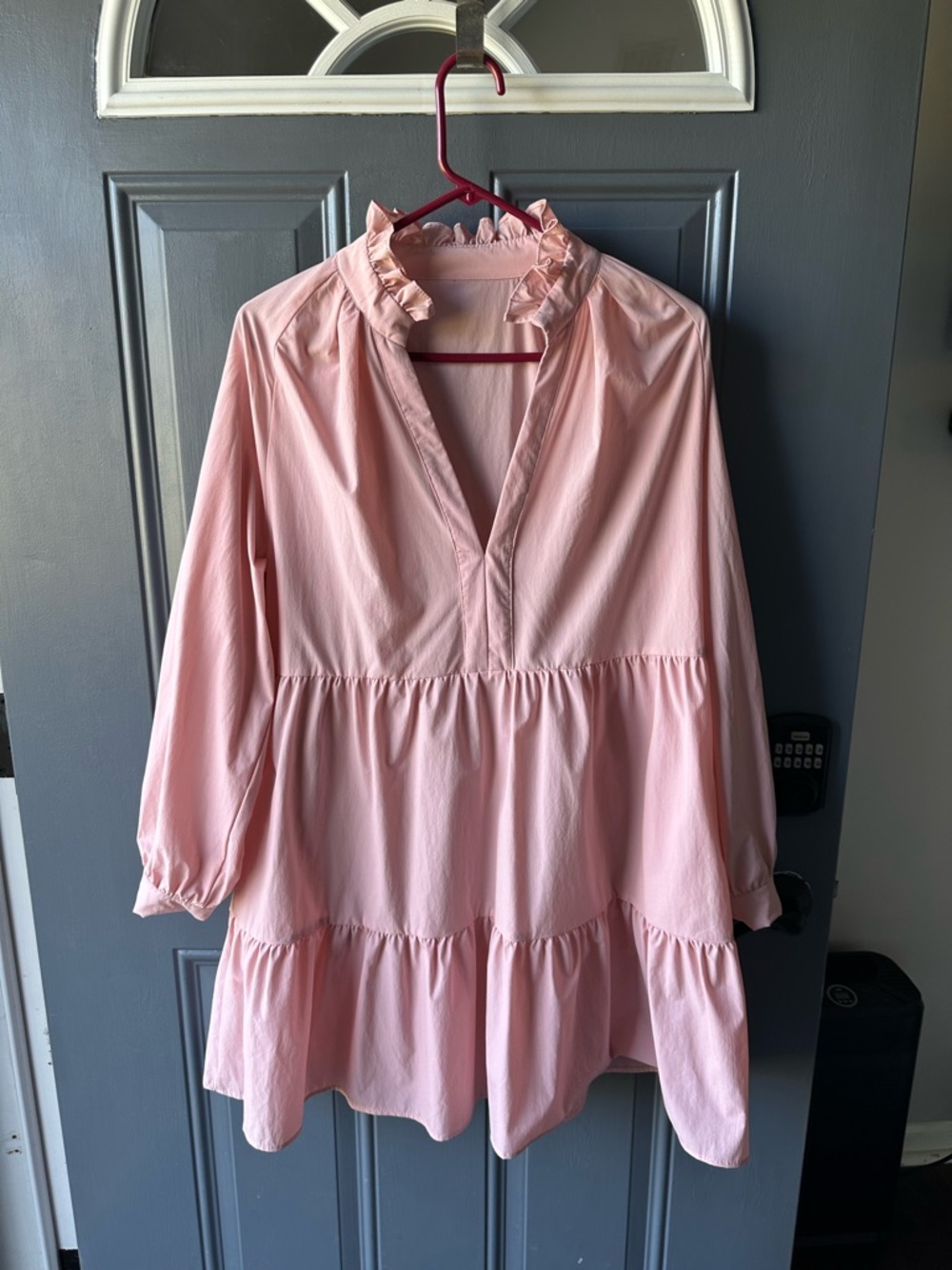 Pink Tiered Ruffle Neck Women's Dress with pockets